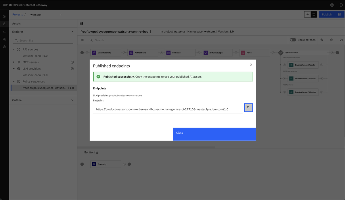 Image shows a successful dialog with a url to the newly published LLMProvider